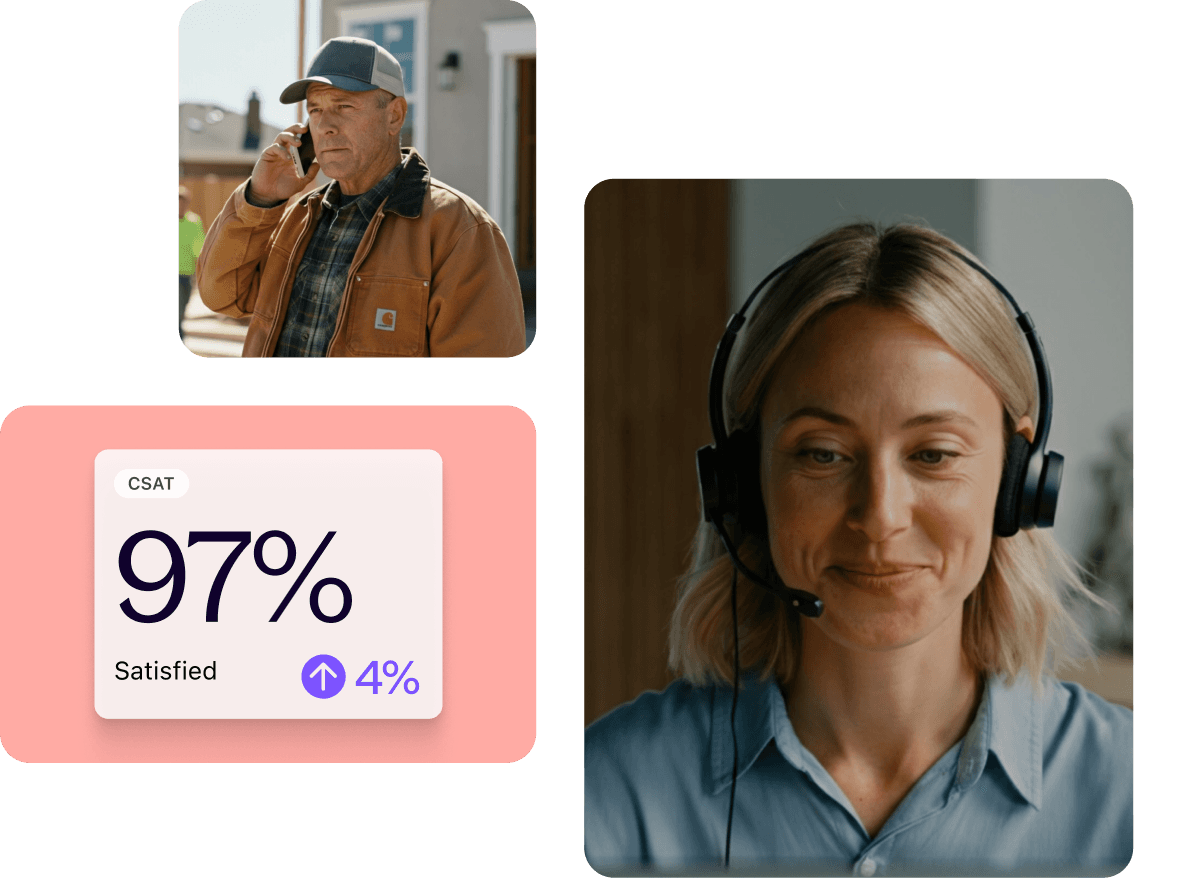 Image of a person using a mobile phone to make a call and image of a person wearing a headset talking from a contact center